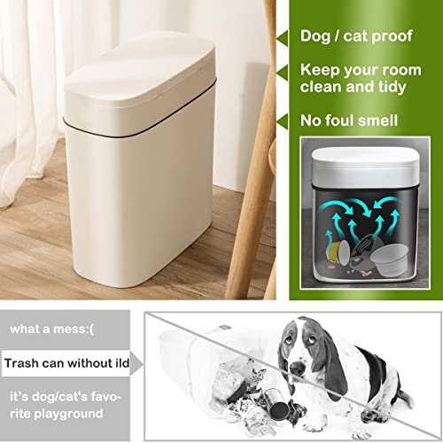 COMODID 14 Litre Trash Can with Press Top Lid, 3.7 Gallons Plastic Garbage Bin, Slim Wastebasket for Bathroom, Kitchen, Toilet, Office, Room, Bedroom, White lid Without Brush