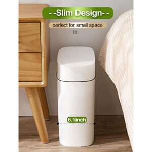 COMODID 14 Litre Trash Can with Press Top Lid, 3.7 Gallons Plastic Garbage Bin, Slim Wastebasket for Bathroom, Kitchen, Toilet, Office, Room, Bedroom, White lid Without Brush