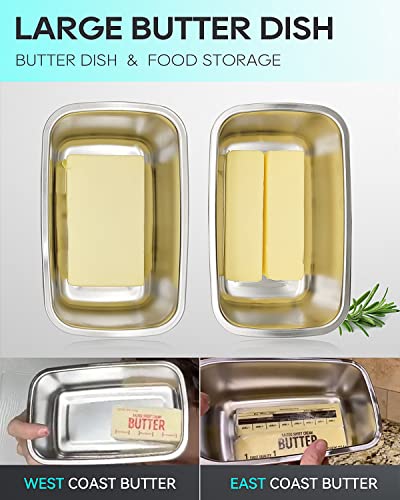 KEOAMG Butter Dish with Lid for Countertop, Large Stainless Steel Butter Dish Container with Silicone Seal for Refrigerator, Sturdy Butter Dish Keeper Holds 2 Sticks or a Normal 8oz European Butter