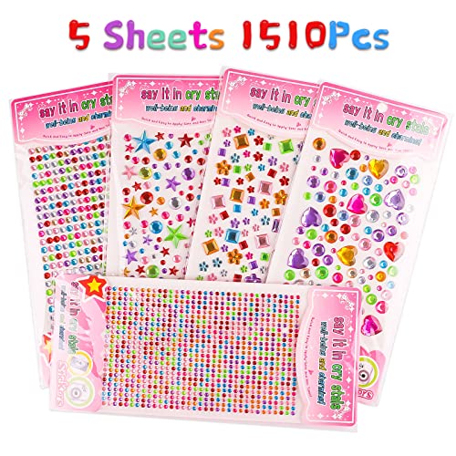 Gem Stickers, 1510pcs Rhinestone Stickers, Self Adhesive Jewel Stickers, Bling Gems for Crafts, Stick on Gems for Makeup, DIY, Eye, Nail, Assorted Sizes