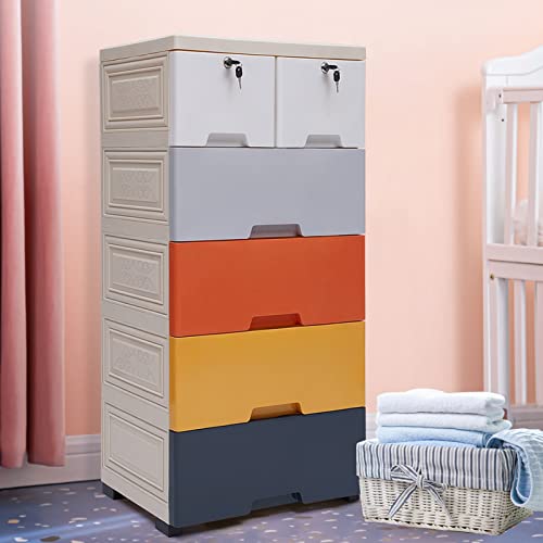 Plastic Dressers with 6 Drawers Storage Cabinet Tall Dresser with Wheels & Lock for Clothes, Bedroom, 19.69 * 13.78 * 40.16inch (Style 2)