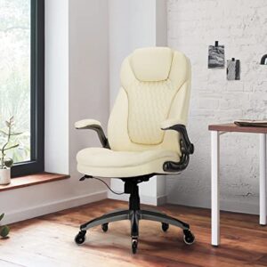COLAMY Executive Office Chair-Ergonomic Computer Chair High Back with Flip-up Arms, Adjustable Height and Tilt Lock, Thicken Seat Cushion Soft Leather Swivel Work Chair-Ivory