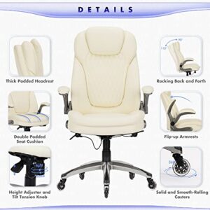 COLAMY Executive Office Chair-Ergonomic Computer Chair High Back with Flip-up Arms, Adjustable Height and Tilt Lock, Thicken Seat Cushion Soft Leather Swivel Work Chair-Ivory