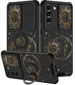 goocrux (2in1 for samsung galaxy s21 case sun and moon stars for women girls cute space phone cover with slide camera cover+ring holder fashion golden print design cases for galaxy s21 5g 6.2''