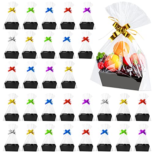 106 Pcs Empty Gift Basket Set 30 Cardboard Gift Basket 8 x 6 x 3 Inch Empty Baskets for Gifts with Handles, 40 Bags, and 36 Multicolor Bows for Party Home Wedding Birthday Food Serving Storage (Black)