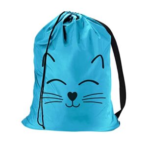 laundry bag with cute cat face pattern, laundry bags extra large heavy duty, cat canvas laundry bag with strap, dirty laundry travel bag, easy fit laundry hamper or basket, cat lover gifts for women…