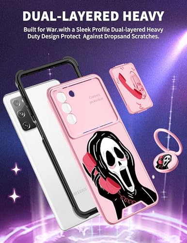 Goocrux (2in1 for Samsung Galaxy S21 Case Skull Skeleton Women Girls Cute Girly Phone Cover Gothic Design with Slide Camera Cover+Ring Cool Funny Cases for Samsung Galaxy S21 5G 6.2''