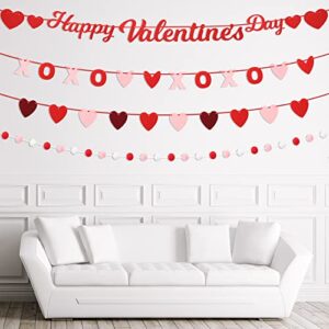 Valentines Day Home Decor, 4 Kind Valentines Day Banner, Happy Valentine's Day XOXO Red Heart Pom Banner, Felt Garland Banner for Home Wall Fireplace, Valentines Romantic Decor Special Night