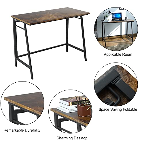 ASTARTH Folding Desk-40 Inch Writing Computer Desk, Space Saving Foldable Table, Modern Simple Style PC Table, Black Metal Frame-Home Office Desk, No Assembly Required, Rustic Brown