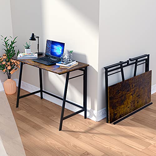 ASTARTH Folding Desk-40 Inch Writing Computer Desk, Space Saving Foldable Table, Modern Simple Style PC Table, Black Metal Frame-Home Office Desk, No Assembly Required, Rustic Brown