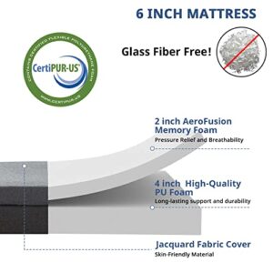 2 in 1 Twin Mattress, 6 inch Memory Foam Mattress, Medium Firm Bed Mattress with Cover, Pressure Relieving Mattress Topper for Kid/Adult (Grey)