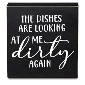 ywkuiev the dishes are looking at me dirty again funny rustic family home black wooden box sign plaque for kitchen restaurant (6 x 6 inch)