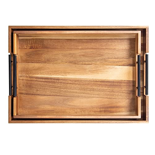 MornHalo Extra-Large Wooden Tray Set of 2, (20.1'' + 18.1'') Serving Tray with Metal Handles, Rectangle Rustic Serving Trays for Breakfast, Used in Kitchen Counter, Coffee Table, Bedroom, Living Room