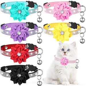 6 pcs cat collars for girl cats bling kitten collar with bell and flower glitter cat collars soft velvet cute dog collar with buckle shine puppy collar (7.9-9.8 inch)