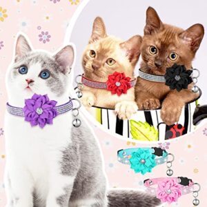 6 Pcs Cat Collars for Girl Cats Bling Kitten Collar with Bell and Flower Glitter Cat Collars Soft Velvet Cute Dog Collar with Buckle Shine Puppy Collar (7.9-9.8 inch)