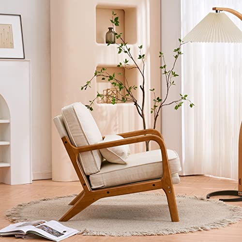 Karl home Accent Chair Mid-Century Modern Chair with Pillow Upholstered Lounge Arm Chair with Solid Wood Frame & Soft Cushion for Living Room, Bedroom, Belcony, Beige