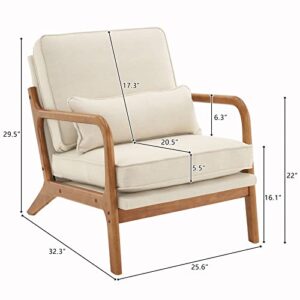 Karl home Accent Chair Mid-Century Modern Chair with Pillow Upholstered Lounge Arm Chair with Solid Wood Frame & Soft Cushion for Living Room, Bedroom, Belcony, Beige