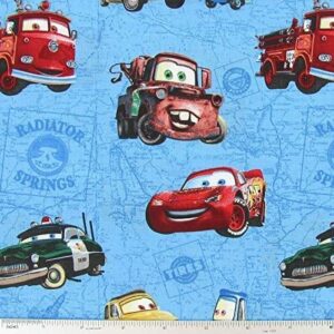 3/4 yard - cars radiator springs map toss on blue cotton fabric - lightning mcqueen & mater (great for quilting, sewing, craft projects, throw pillows & more) 3/4 yard (27 inches) x 44 inches