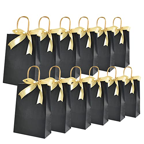 BEISHIDA Small Gift Bags Black Gold Gift Bags with Handles and Ribbon Party Favor Bags Goodie Bags Kraft Paper Bags for Mother's Day Birthday Wedding(8.3 * 5.9 * 3.2 in, 12PCS) …