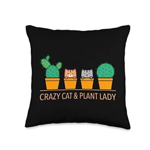 cute botany succulent fanatic gift men women kids funny crazy cat & plant lady cactus pet lover mom gag outfit throw pillow, 16x16, multicolor