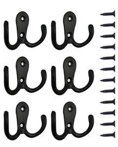 abinlin coat hooks 6 pcs, door hooks for hanging with 12 screws, heavy duty retro double hook for hat, purse, key, towel, bags, cup (black)