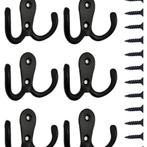 ABINLIN Coat Hooks 6 Pcs, Door Hooks for Hanging with 12 Screws, Heavy Duty Retro Double Hook for Hat, Purse, Key, Towel, Bags, Cup (Black)