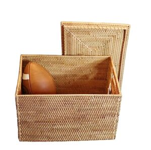 onbim rectangular rattan storage basket - 18"l x 13"w x 12"h large wicker basket with lid and handles, rattan basket with lid, handwoven fern wicker basket, sturdy and lightweight rattan decor