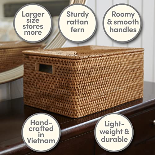 ONBIM Rectangular Rattan Storage Basket - 18"L x 13"W x 12"H Large Wicker Basket with Lid and Handles, Rattan Basket with Lid, Handwoven Fern Wicker Basket, Sturdy and Lightweight Rattan Decor