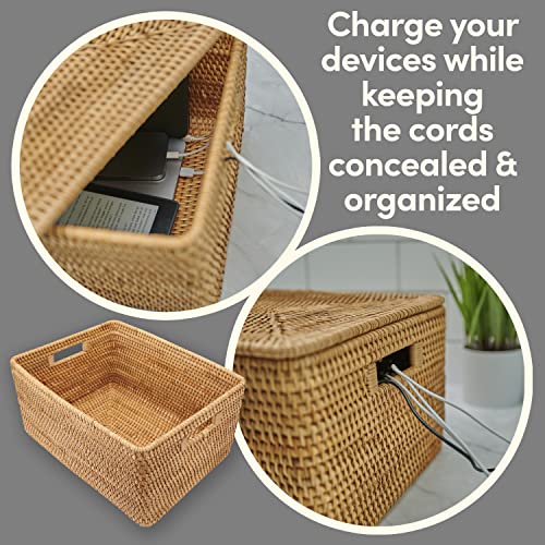 ONBIM Rectangular Rattan Storage Basket - 18"L x 13"W x 12"H Large Wicker Basket with Lid and Handles, Rattan Basket with Lid, Handwoven Fern Wicker Basket, Sturdy and Lightweight Rattan Decor