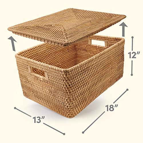 ONBIM Rectangular Rattan Storage Basket - 18"L x 13"W x 12"H Large Wicker Basket with Lid and Handles, Rattan Basket with Lid, Handwoven Fern Wicker Basket, Sturdy and Lightweight Rattan Decor