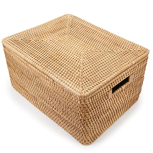 ONBIM Rectangular Rattan Storage Basket - 18"L x 13"W x 12"H Large Wicker Basket with Lid and Handles, Rattan Basket with Lid, Handwoven Fern Wicker Basket, Sturdy and Lightweight Rattan Decor