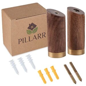 pillarr wooden wall hooks with brass cap and mounting hardware - angled wood wall hooks set of 2 wooden pegs for hanging - decorative hooks for hat, bag, coat, towel
