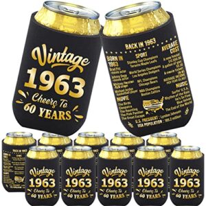 bdayption 60th birthday decorations for men women, turning 60 party decorations, 60 year old bday party supplies, sixty birthday present, back in 1963, black and gold pack of 12 can cooler sleeves