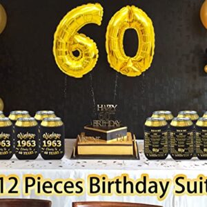 BdayPtion 60th Birthday Decorations for Men Women, Turning 60 Party Decorations, 60 Year Old Bday Party Supplies, Sixty Birthday Present, Back in 1963, Black and Gold Pack of 12 Can Cooler Sleeves