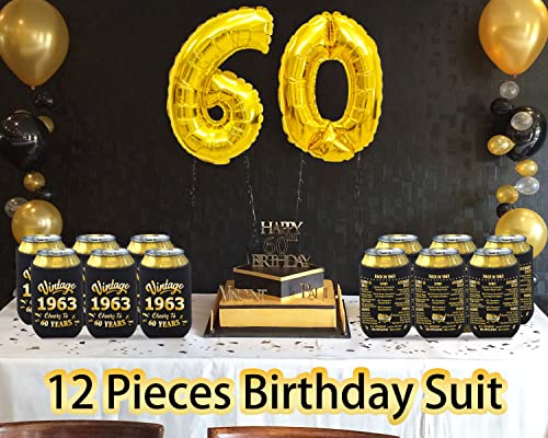 BdayPtion 60th Birthday Decorations for Men Women, Turning 60 Party Decorations, 60 Year Old Bday Party Supplies, Sixty Birthday Present, Back in 1963, Black and Gold Pack of 12 Can Cooler Sleeves