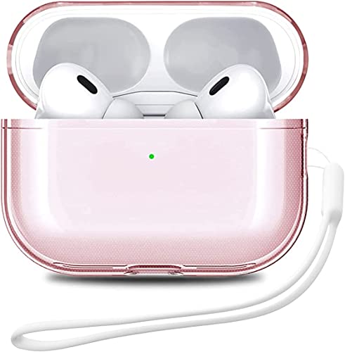 Airpods Pro 2nd Generation Case Clear, Soft Shockproof AirPods Pro 2 Case 2022 Protective Cover with Hand Strap Lanyard Transparent AirPods Pro 2 Gen Case Skin for Men and Women (Clear Pink)