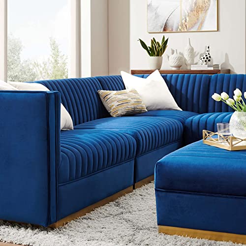 Modway Sanguine Channel Tufted Performance Velvet Modular Sectional, 5-Piece Right-Facing Sofa, Navy
