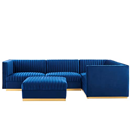 Modway Sanguine Channel Tufted Performance Velvet Modular Sectional, 5-Piece Right-Facing Sofa, Navy
