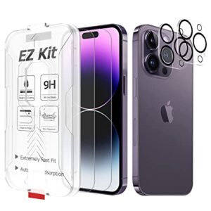 fabunor screen protector tempered glass compatible with iphone 14 pro max (6.7 inch, 2022) with camera lens protector, [9h hardness] [ez kit] [automatic alignment] [compatible with face id] -2+2 pack