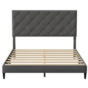 JUMMICO Queen Size Bed Frame with Fabric Headboard and Wooden Slats Support, Mattress Foundation, No Box Spring Needed, Easy Assembly