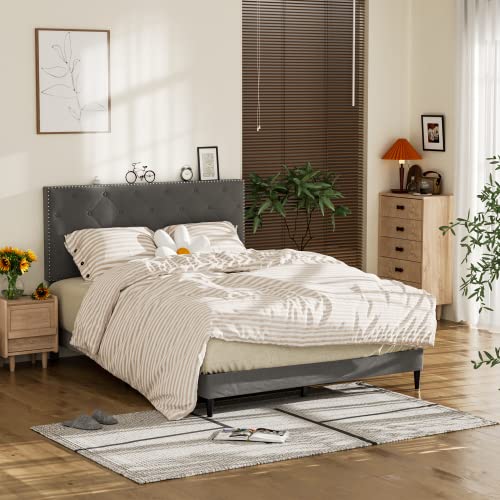 JUMMICO Queen Size Bed Frame with Fabric Headboard and Wooden Slats Support, Mattress Foundation, No Box Spring Needed, Easy Assembly