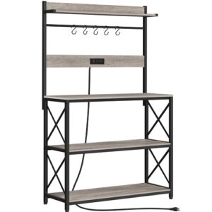 yaheetech kitchen bakers rack with power outlet, 36.5" w microwave oven stand kitchen storage rack with hooks for dining room, kitchen organizer shelves for spices, pots and pans, gray
