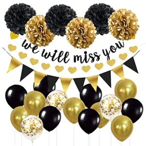 farewell party decorations supplies kit, we will miss you going away farewell banner decoration, black and gold retirement graduation going away party gifts decorations