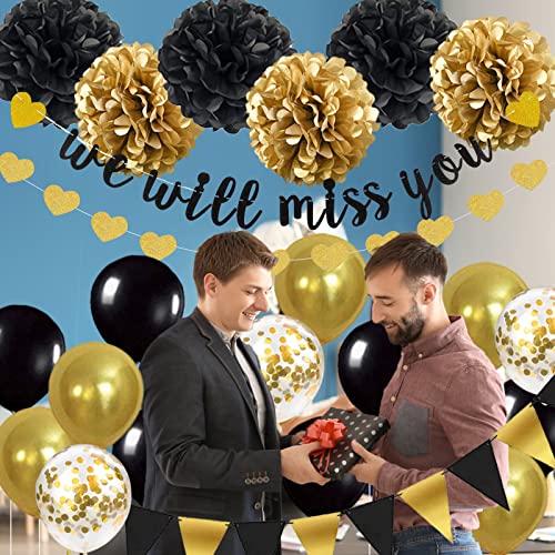 Farewell Party Decorations Supplies Kit, We Will Miss You Going Away Farewell Banner Decoration, Black and Gold Retirement Graduation Going Away Party Gifts Decorations