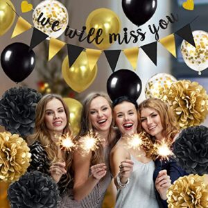 Farewell Party Decorations Supplies Kit, We Will Miss You Going Away Farewell Banner Decoration, Black and Gold Retirement Graduation Going Away Party Gifts Decorations