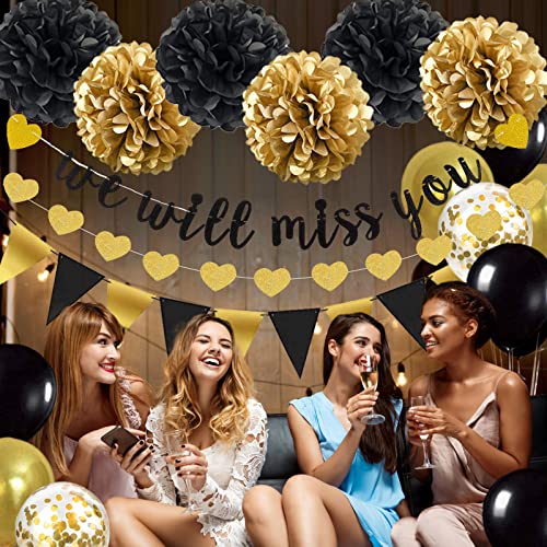 Farewell Party Decorations Supplies Kit, We Will Miss You Going Away Farewell Banner Decoration, Black and Gold Retirement Graduation Going Away Party Gifts Decorations