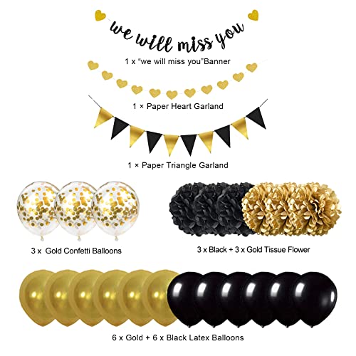 Farewell Party Decorations Supplies Kit, We Will Miss You Going Away Farewell Banner Decoration, Black and Gold Retirement Graduation Going Away Party Gifts Decorations