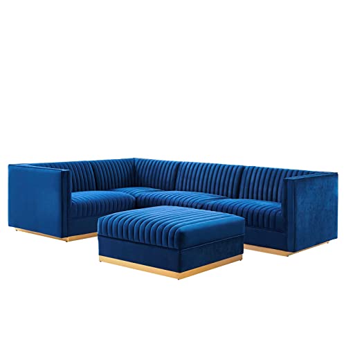 Modway Sanguine Channel Tufted Performance Velvet Modular Sectional, 5-Piece Left-Facing Sofa, Navy