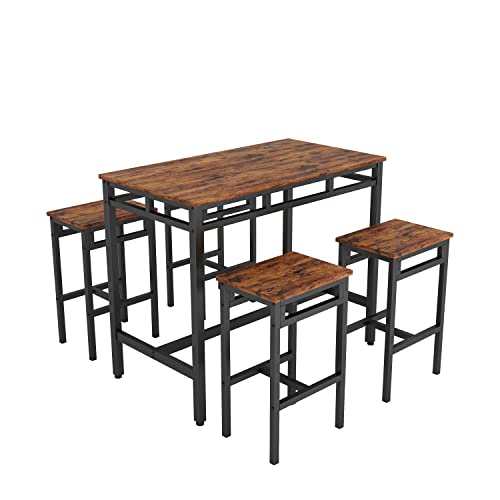 5 Piece Dining Set, Dining Table with 4 Stools, Home Kitchen Breakfast Table, Bar Table Set, Bar Table with 4 Bar Stools, Kitchen Counter with Bar Chairs (Rustic Brown)
