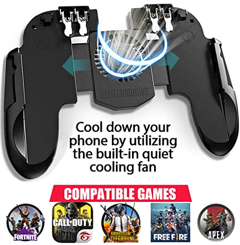 8 in 1 PUBG Mobile Phone Game Controller w/Cooling Fan, Cell Phone Gaming L2R2 L1R1 Triggers gamepad for PUBG/Fortnite/Call of Duty for 4.7-6.5" Android iOS Phone with 6pcs Finger Sleeves